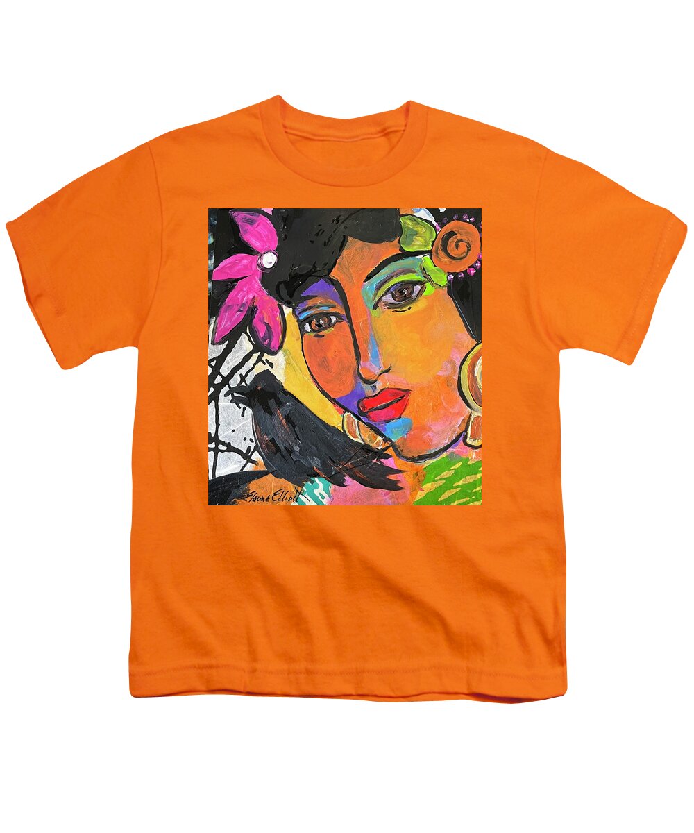 Mexican Woman Youth T-Shirt featuring the painting Mujer con Pajaro by Elaine Elliott