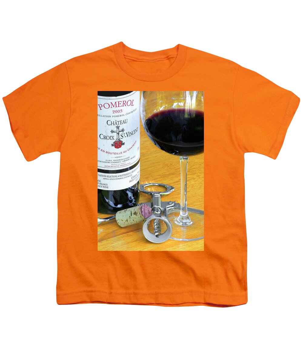 Wine Glass Youth T-Shirt featuring the photograph Wine Bottle, Glass and Corkscrew - Pomerol by Kenneth Lane Smith