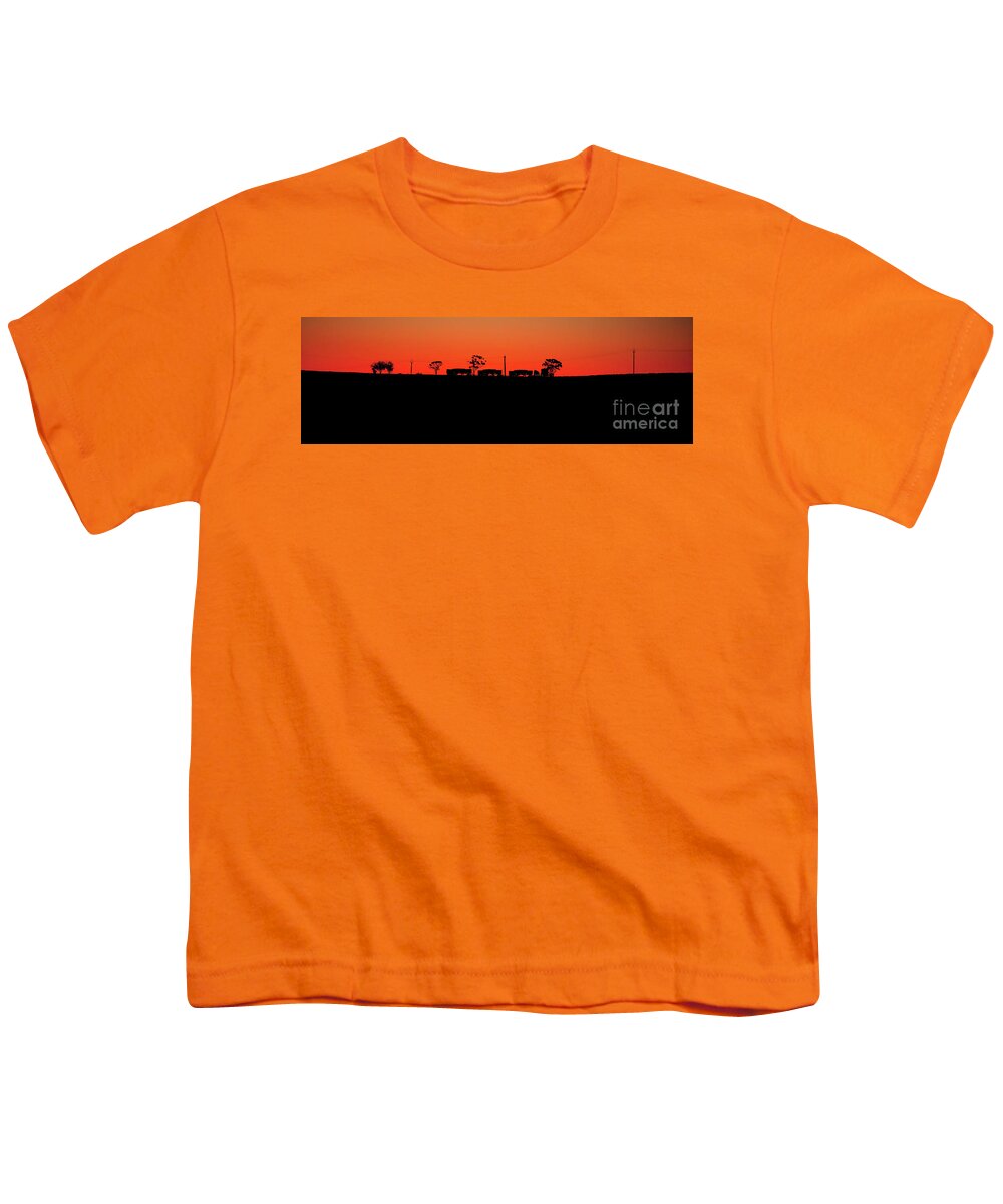 Outback South Australia Australia Sunset Roadtrain Road Train Silhouette Panorama Youth T-Shirt featuring the photograph Road Train Sunset Silhouette by Bill Robinson