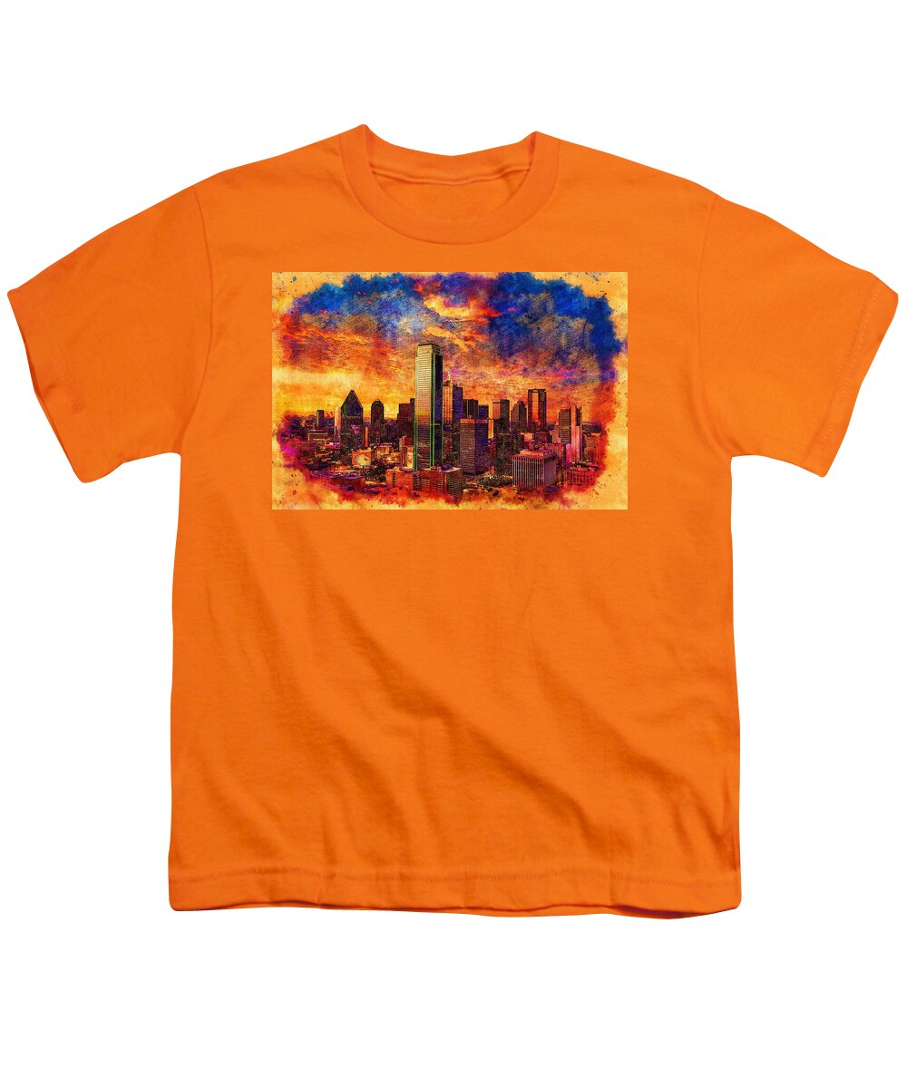 Dallas Youth T-Shirt featuring the digital art Skyline of downtown Dallas, Texas, at twilight - digital painting by Nicko Prints
