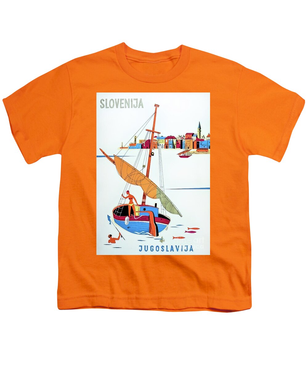 Boat Youth T-Shirt featuring the drawing Slovenia Travel Poster 1955 by M G Whittingham