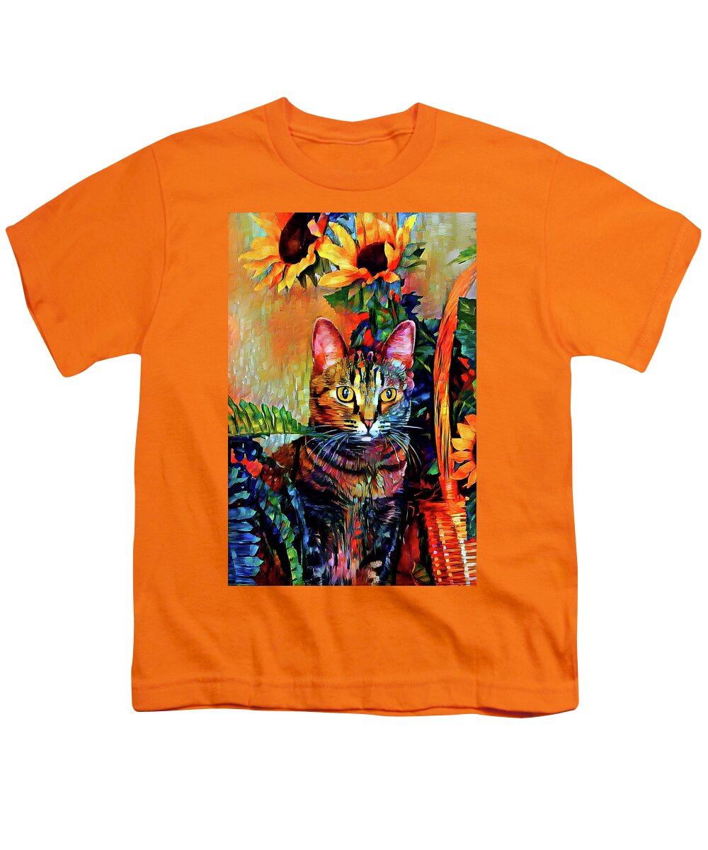 Bengal Cat Youth T-Shirt featuring the digital art Bengal Tabby Cat with Sunflowers - Pepper by Peggy Collins