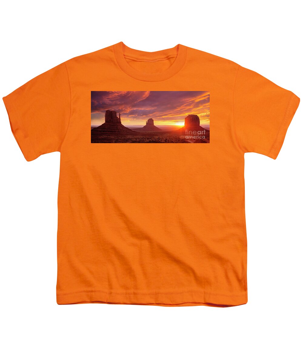 Sunrise Sky Youth T-Shirt featuring the photograph The Mittens at Sunrise, Monument Valley Navajo Tribal Park, Arizona, USA by Neale And Judith Clark