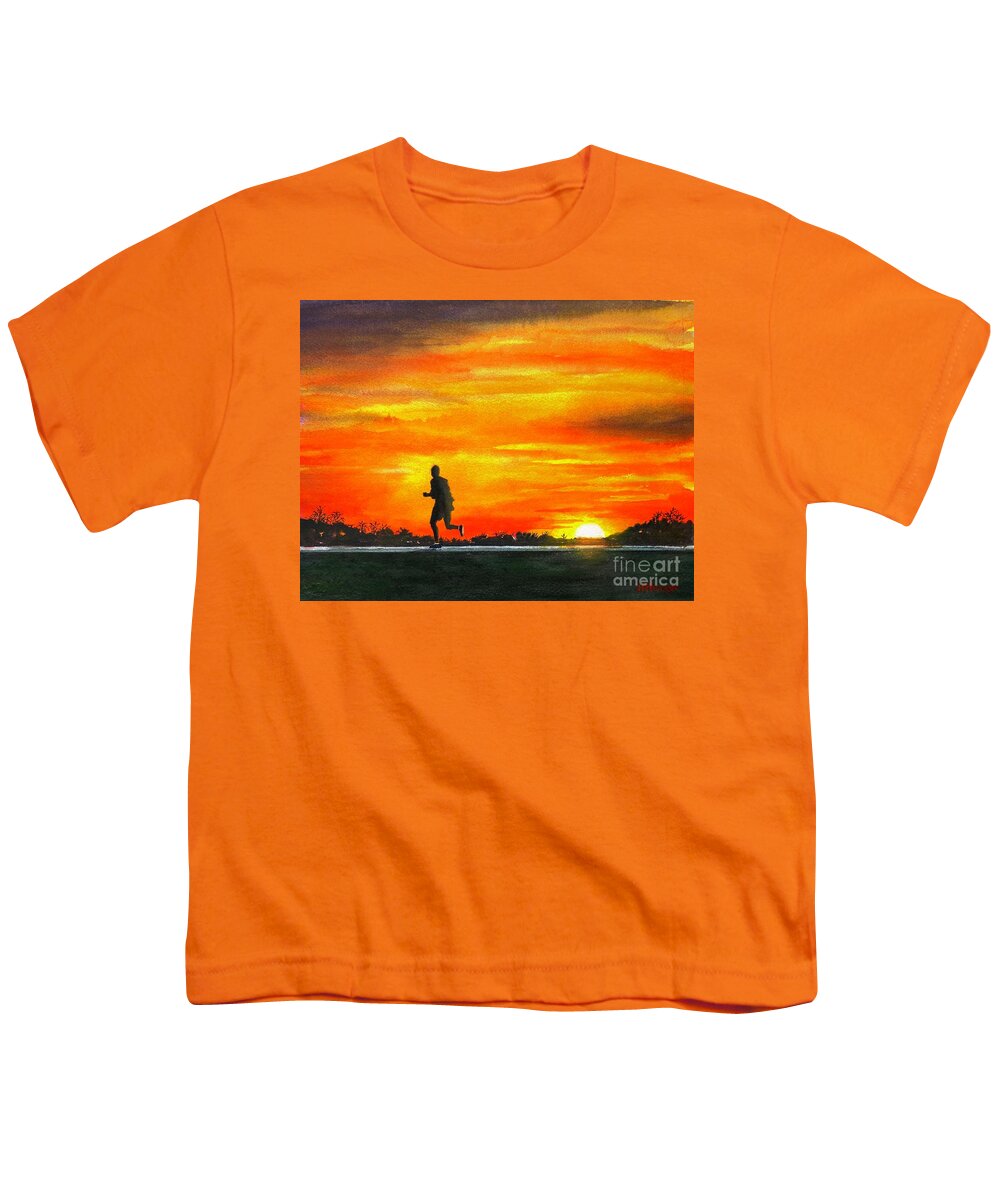 Running Youth T-Shirt featuring the painting The Runner by Joseph Burger
