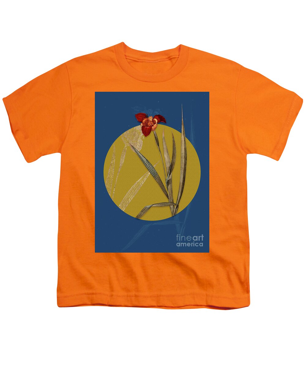 Vintage Youth T-Shirt featuring the painting Vintage Botanical Tiger Flower on Circle Yellow on Blue by Holy Rock Design