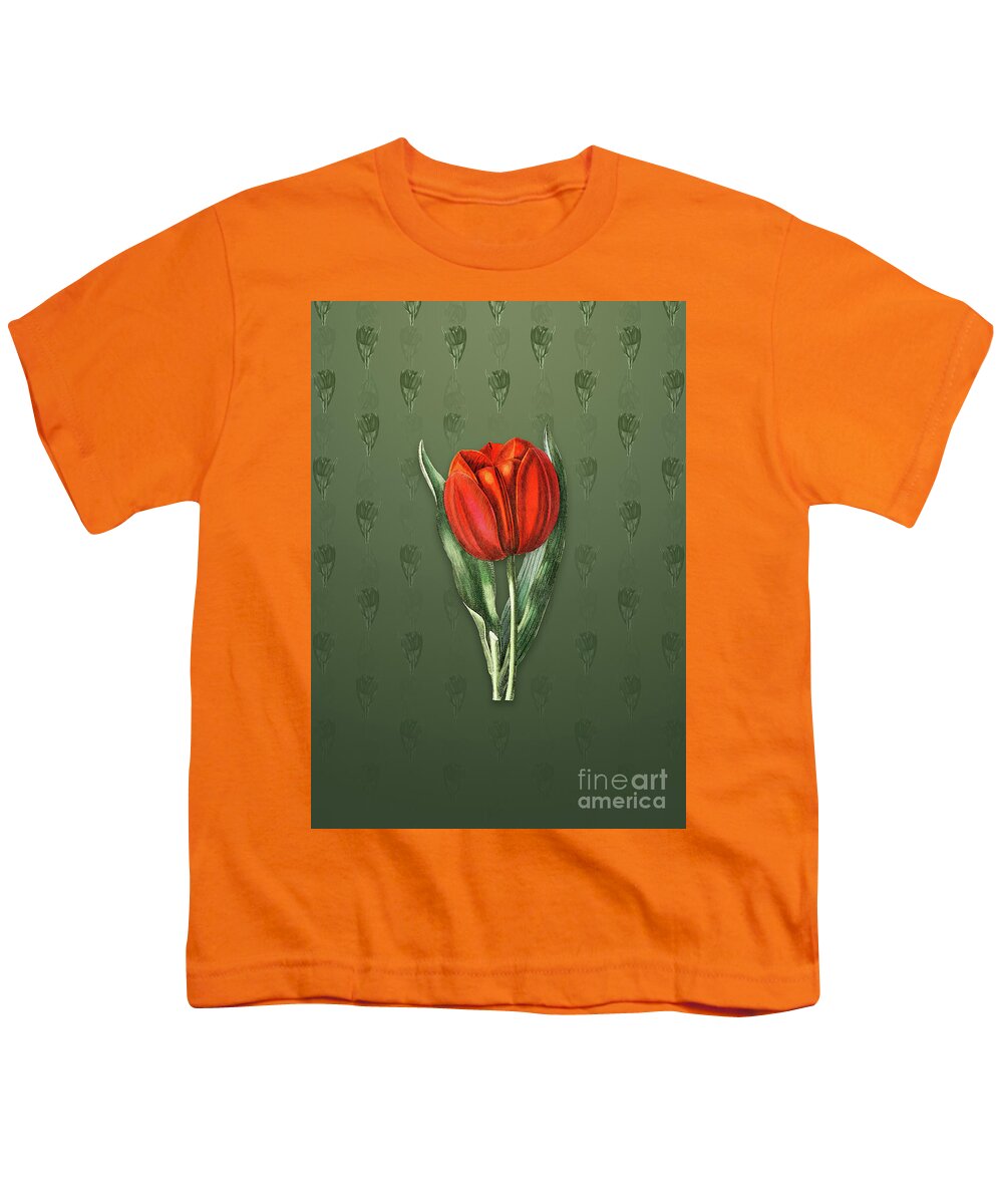 Vintage Youth T-Shirt featuring the mixed media Vintage Gesner's Tulip Botanical Art on Lunar Green Pattern n.0753 by Holy Rock Design