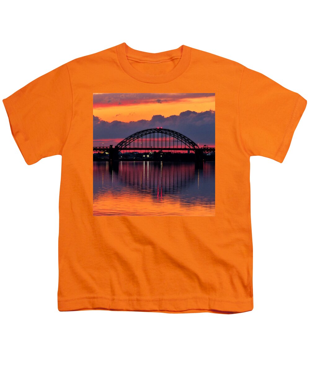Tacony-palmyra Bridge Youth T-Shirt featuring the photograph Winter Sunset Behind Tacony-Palmyra Bridge on the Delaware River by Linda Stern
