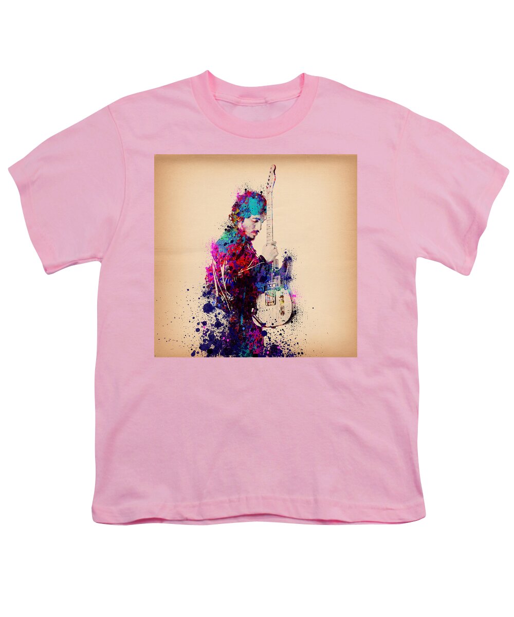 Music Youth T-Shirt featuring the painting Bruce Springsteen Splats And Guitar by Bekim M