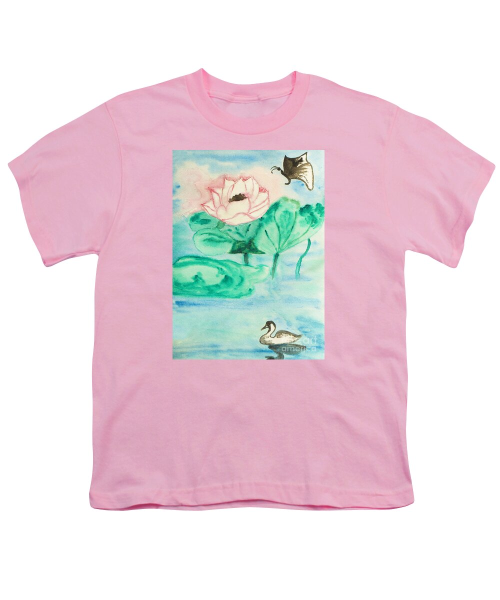 Art Youth T-Shirt featuring the painting Lotus, butterfly and swan, painting by Irina Afonskaya