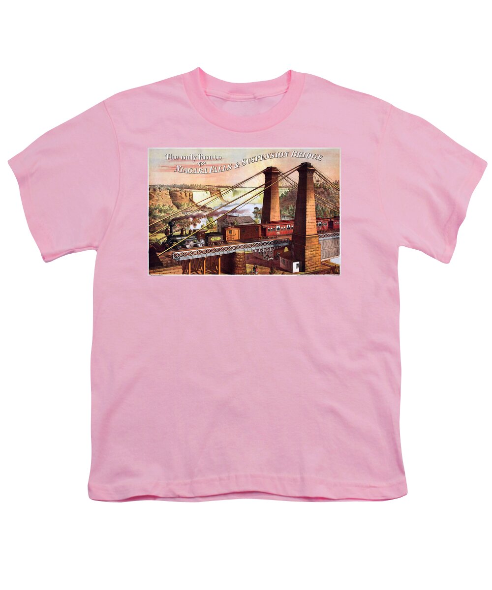 Niagara Falls Youth T-Shirt featuring the painting The only Route via Niagara Falls Suspension Bridge, advertising poster, 1876 by Vincent Monozlay
