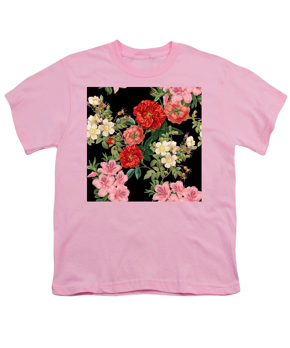 Vintage Youth T-Shirt featuring the digital art Vintage Floral Pattern on Black by Marianna Mills