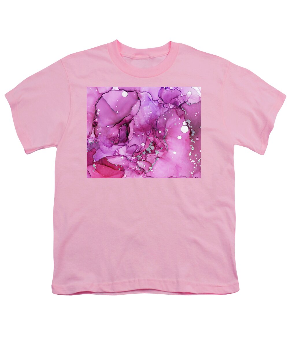 Magenta Youth T-Shirt featuring the painting Abstract Floral Magenta Chrome Ink by Olga Shvartsur