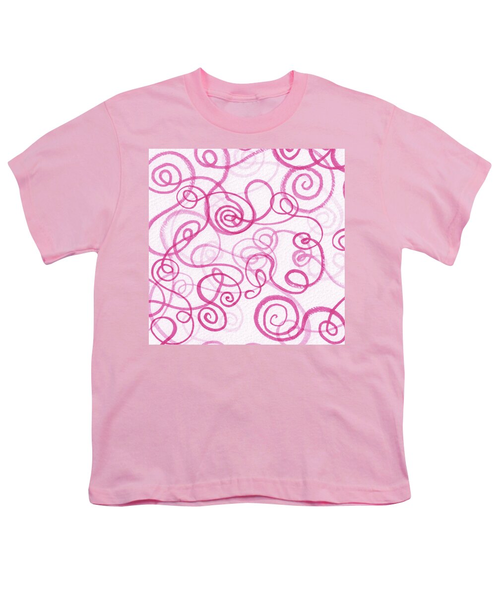 Doodles Youth T-Shirt featuring the painting Cute Pink Mesmerizing Doodles Watercolor Organic Whimsical Lines And Swirls II by Irina Sztukowski