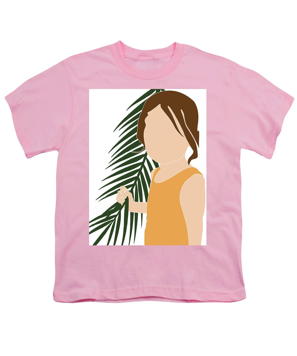 Tropical Youth T-Shirt featuring the mixed media Tropical Reverie 15 - Modern, Minimal Illustration - Girl and Palm Leaves - Aesthetic Tropical Vibes by Studio Grafiikka