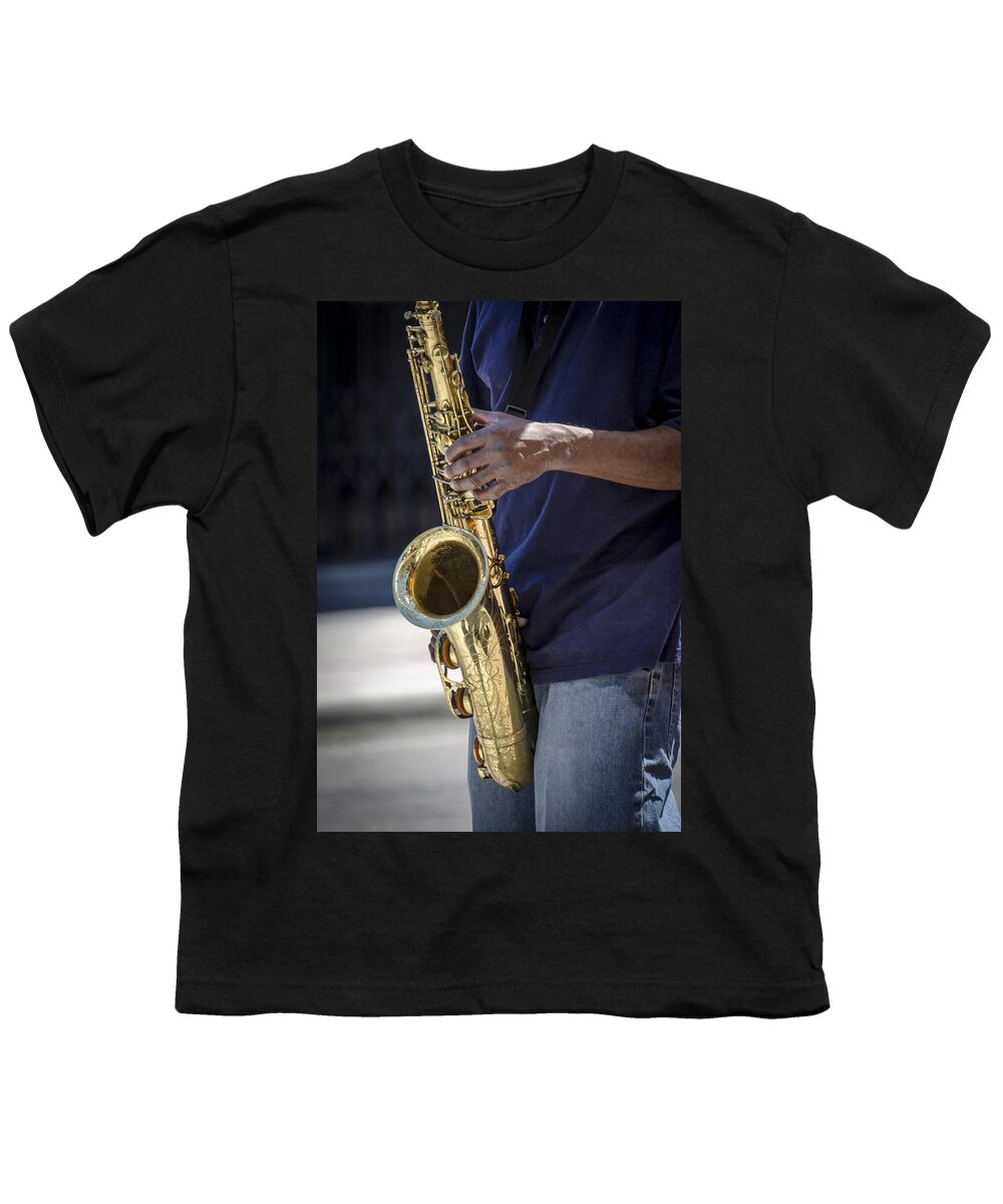 Saxophone Youth T-Shirt featuring the photograph Saxophone Player on Street #2 by Carolyn Marshall