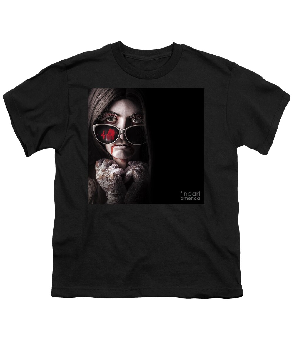 Fashion Youth T-Shirt featuring the photograph Vampire in the dark. Horror fashion portrait #1 by Jorgo Photography