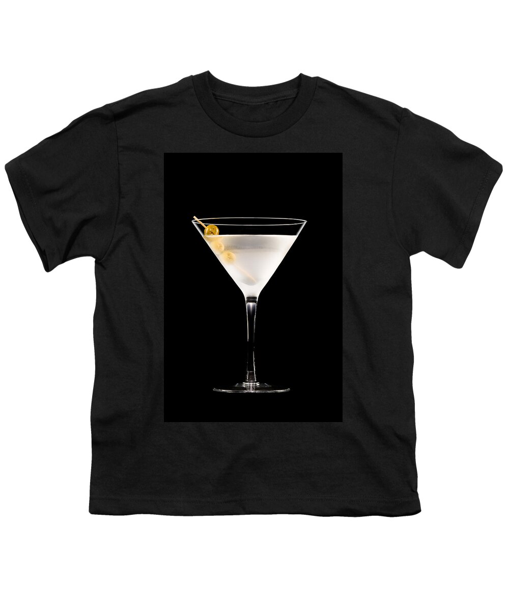 Alcohol; Alcoholic; Beverage; Classic; Clear; Closeup; Cocktail; Cool; Drink; Dry; Elegant; Food; Gin; Glass; Green; Liquid; Liquor; Martini; Olive; Olives; Refreshment; Skewer; Snack; Spirit; Stirred; Studio; Transparent; Vermouth; Vodka; White Youth T-Shirt featuring the photograph Vodka Martini #2 by U Schade