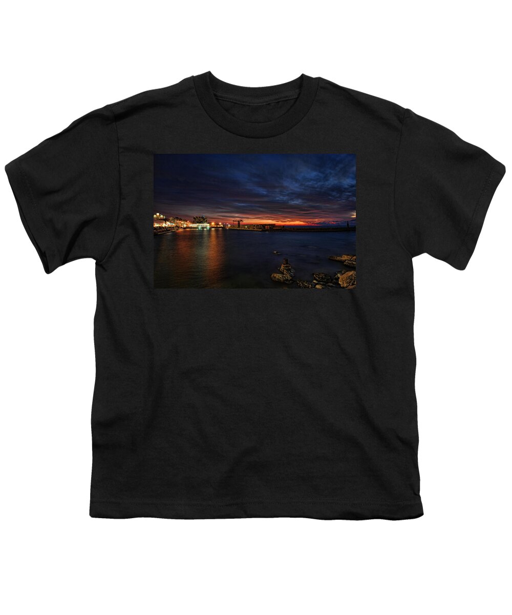 Israel Youth T-Shirt featuring the photograph a flaming sunset at Tel Aviv port by Ron Shoshani