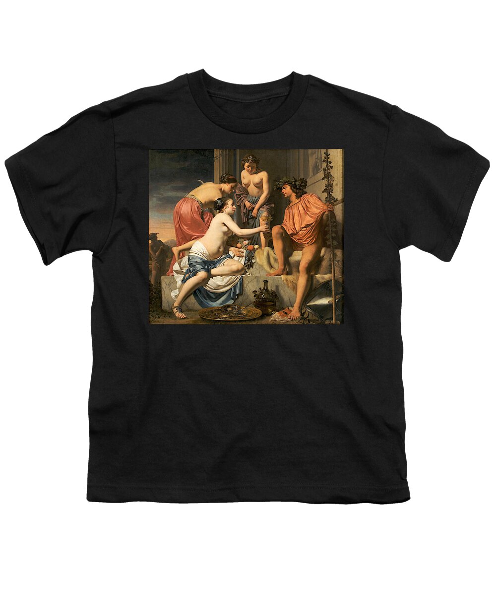 Caesar Van Everdingen Youth T-Shirt featuring the painting Bacchus on a Throne. Nymphs Offering Bacchus Wine and Fruit by Caesar van Everdingen