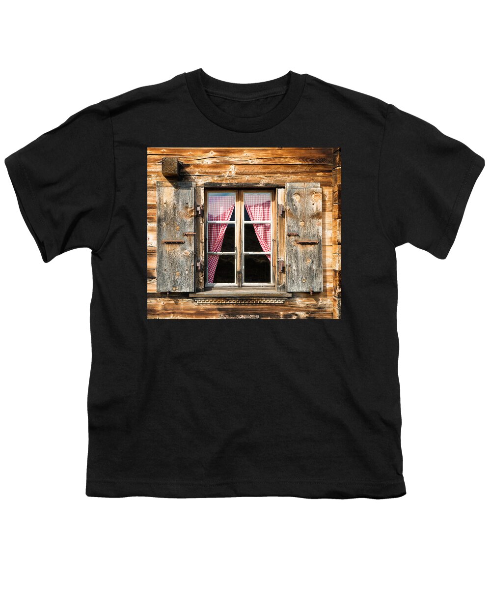 Window Youth T-Shirt featuring the photograph Beautiful window wooden facade of a Chalet in Switzerland by Matthias Hauser