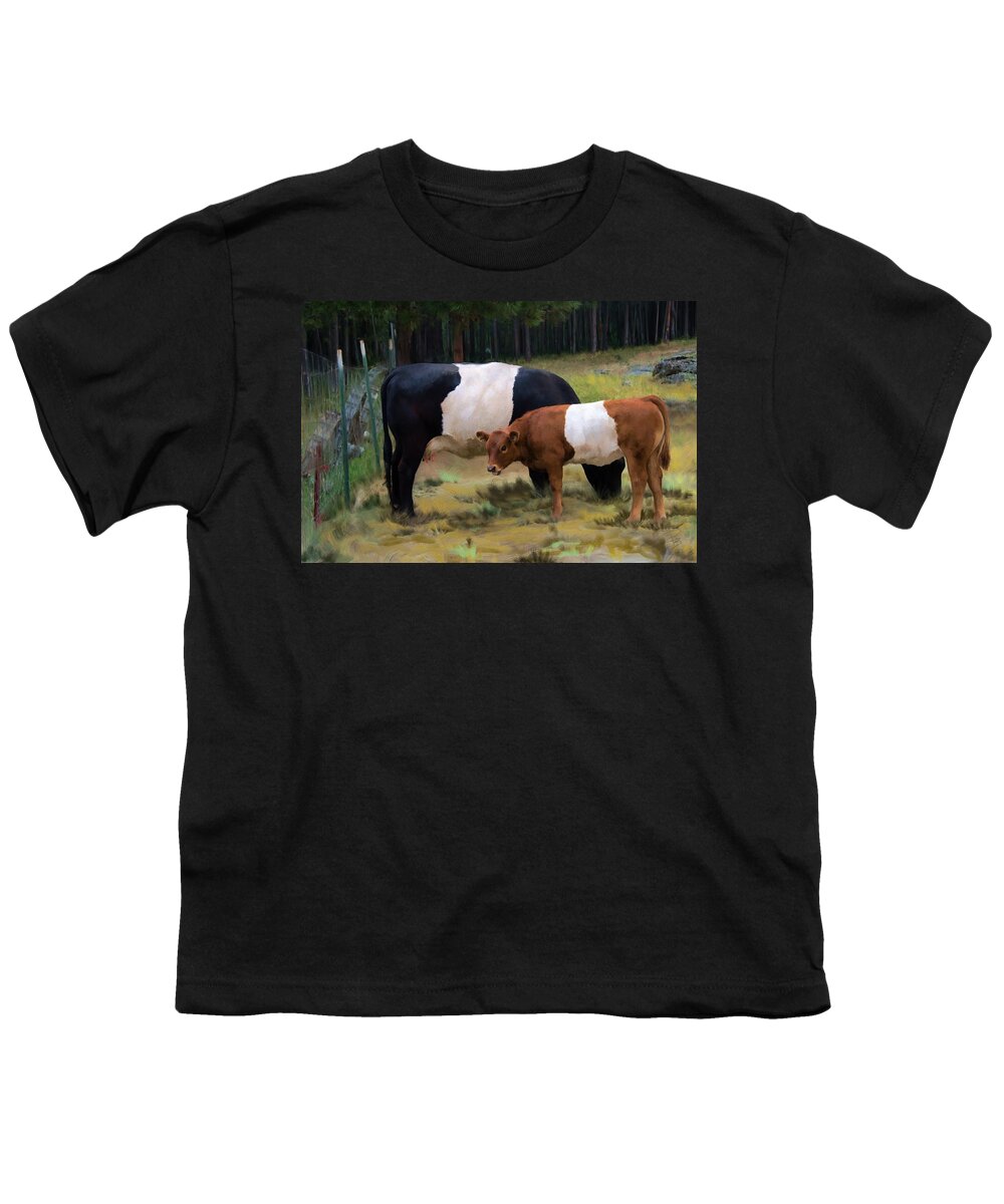 Agriculture Youth T-Shirt featuring the digital art Belted cow and calf by Debra Baldwin