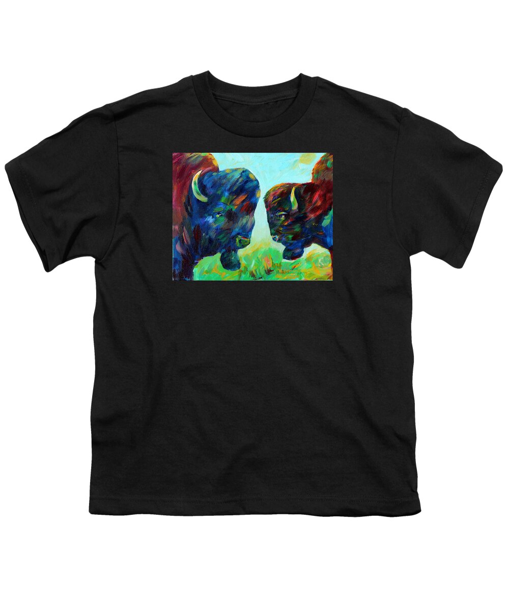 Two Bison In The Meadow Youth T-Shirt featuring the painting Bison Wisdom by Naomi Gerrard