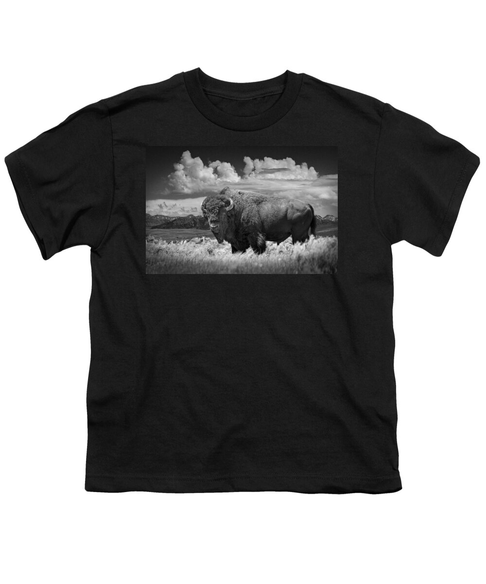Bison Youth T-Shirt featuring the photograph Black and White Photograph of an American Buffalo by Randall Nyhof