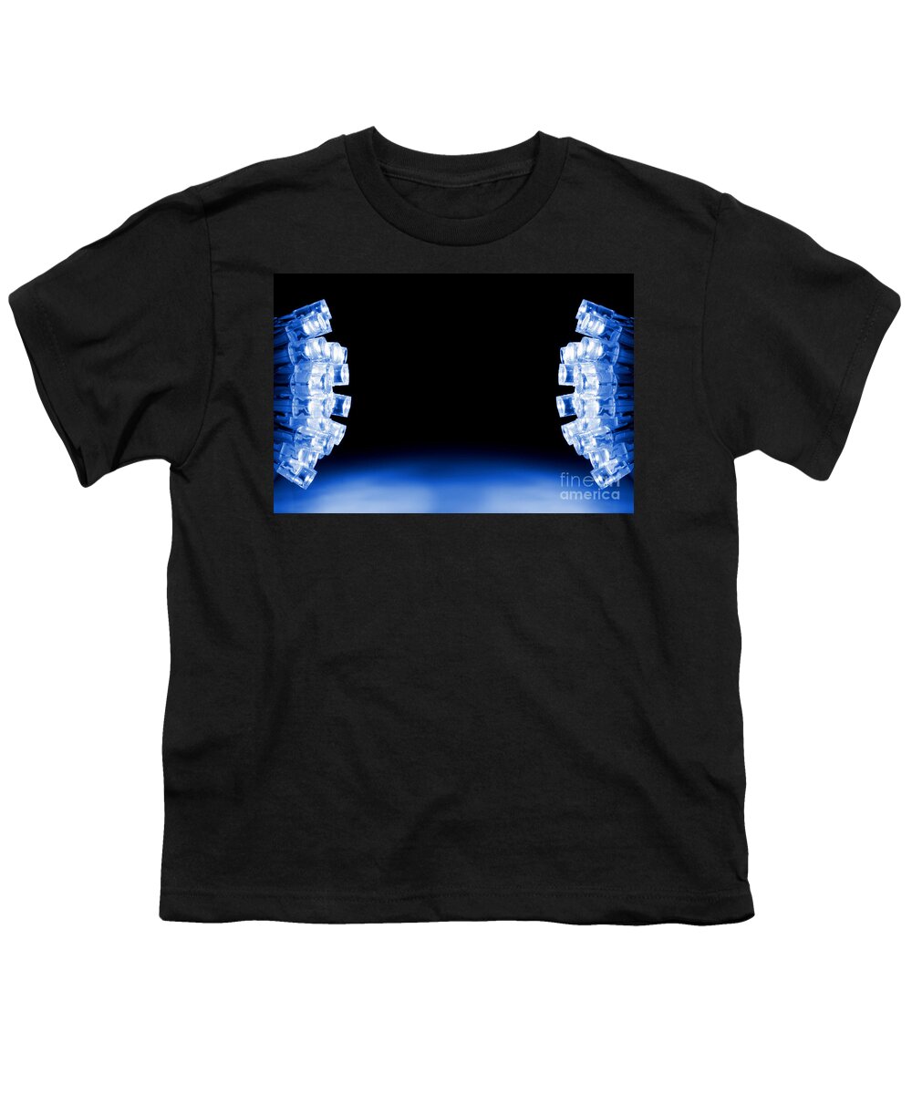 Glowing Youth T-Shirt featuring the photograph Blue LED lights both sides of the image with space for text by Simon Bratt