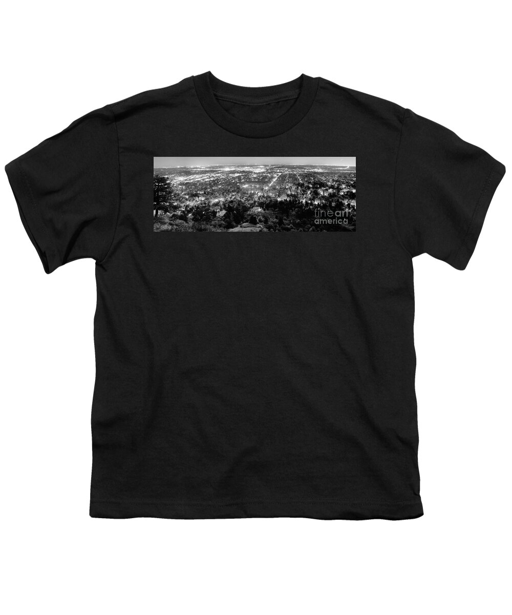 Cityscape Youth T-Shirt featuring the photograph Boulder Colorado City Lights Panorama Black and White by James BO Insogna