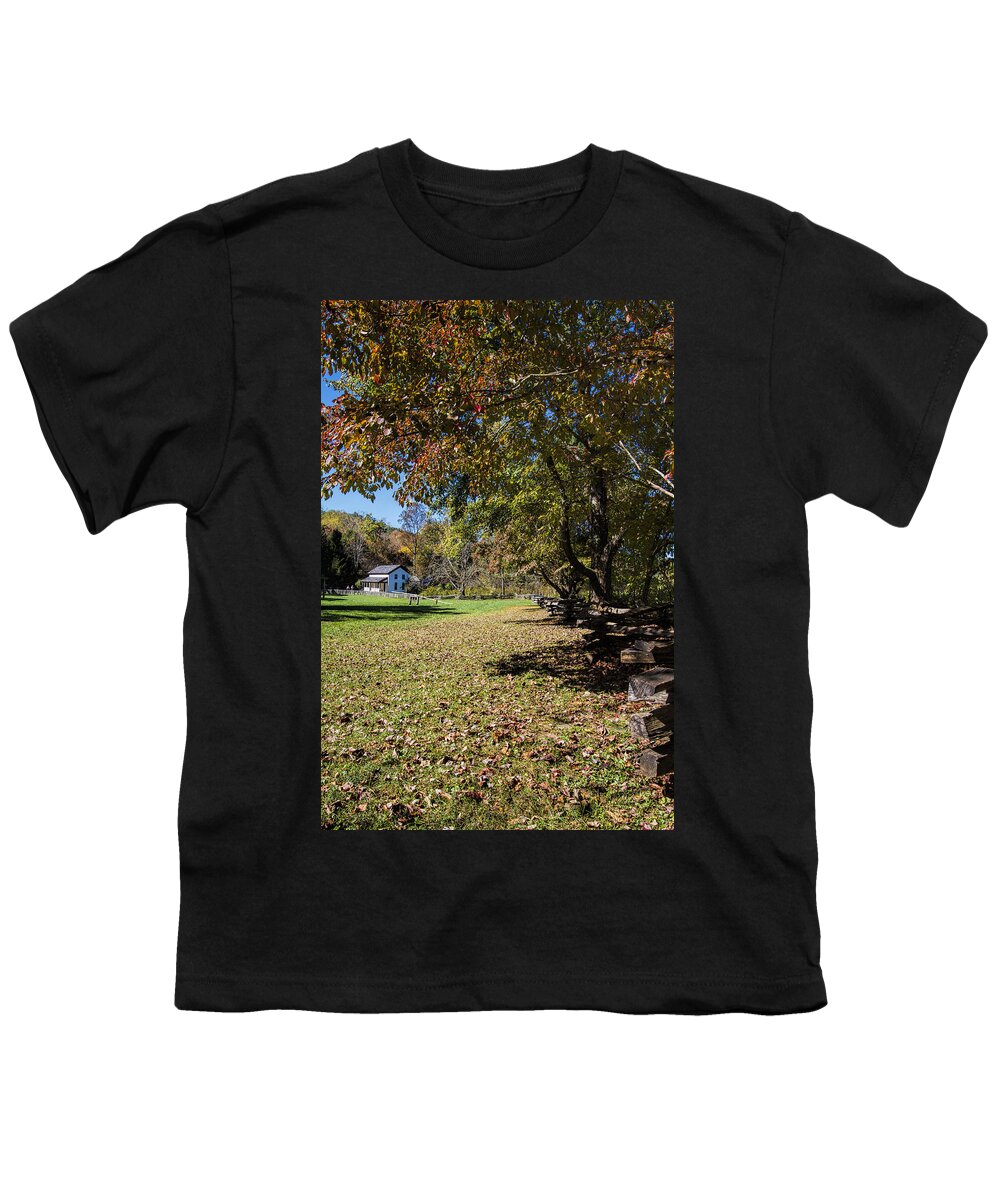 Cades Cove Youth T-Shirt featuring the photograph Cades Cove House and Fall Colors by Kathy Clark