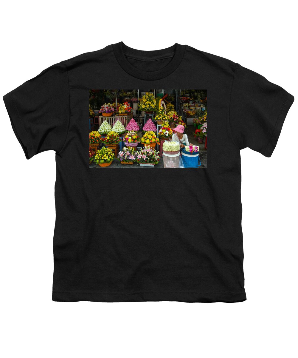 Arrangement Youth T-Shirt featuring the photograph Cambodia Flower Seller by Mark Llewellyn