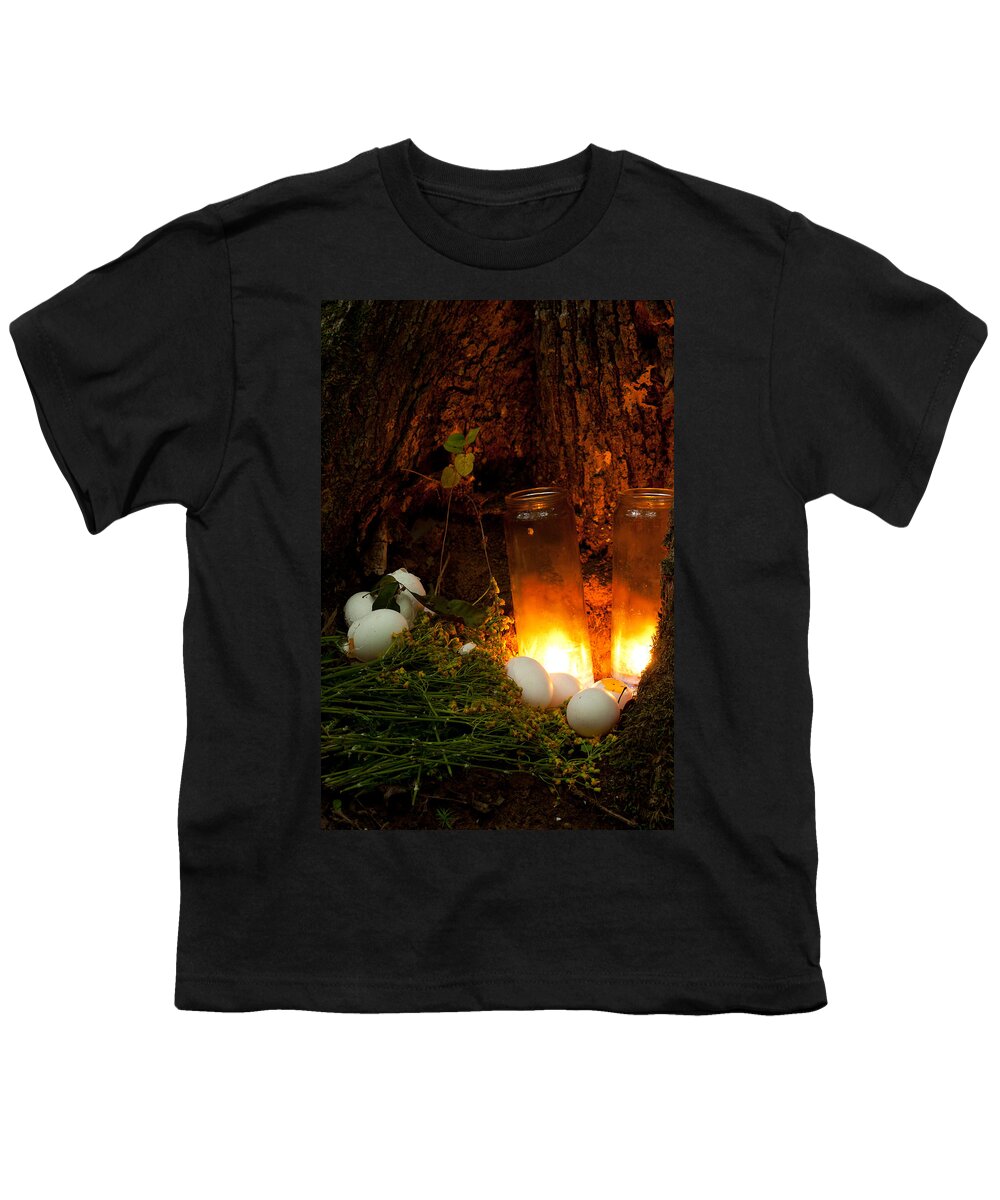 Candles Youth T-Shirt featuring the photograph Candles Eggs And Ragwort Discovered At The Base Of A Tree Beside A Small Sinkhole by Daniel Reed