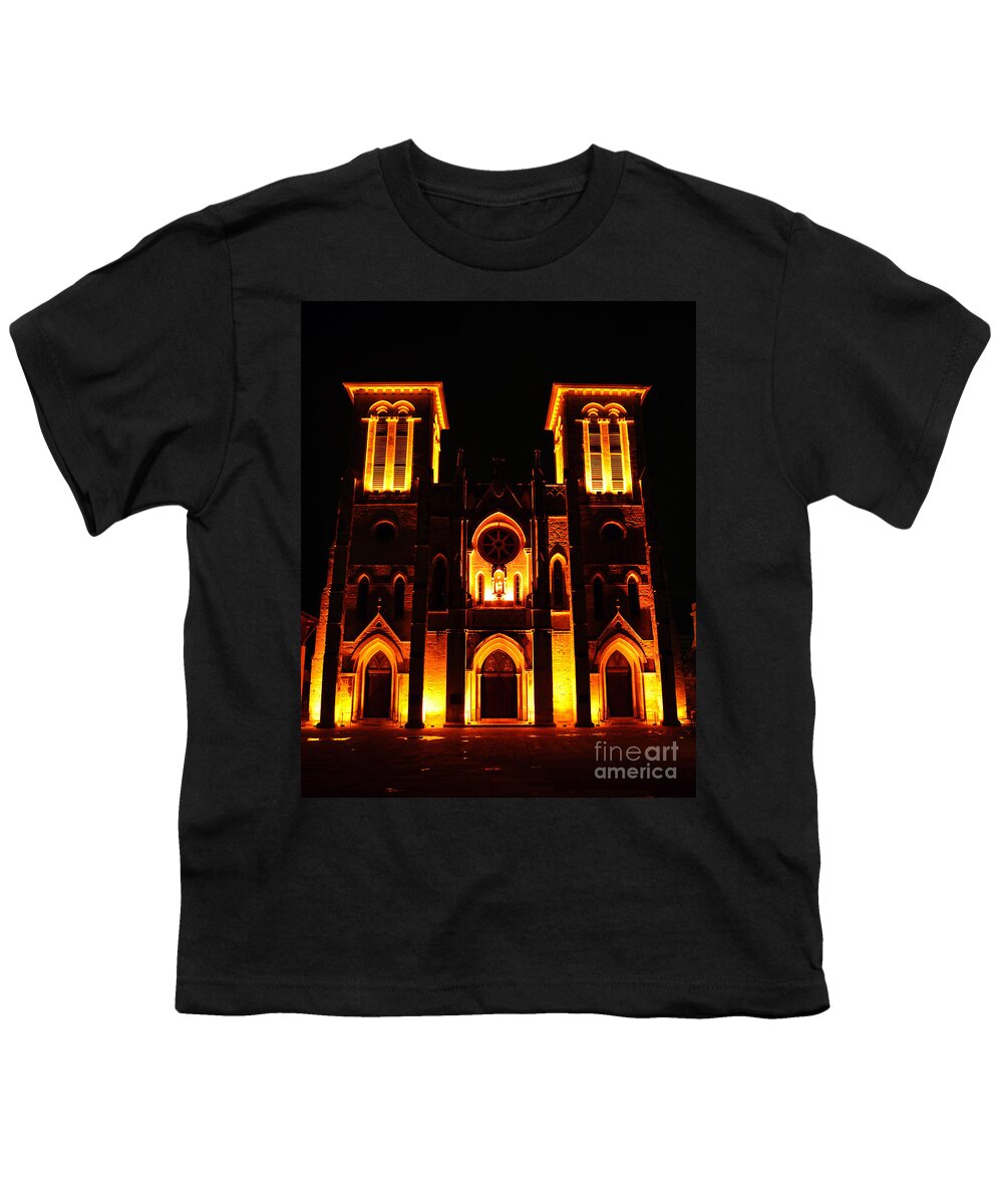 Cathedral Youth T-Shirt featuring the photograph Cathedral of San Fernando at Night in San Antonio Texas by Shawn O'Brien