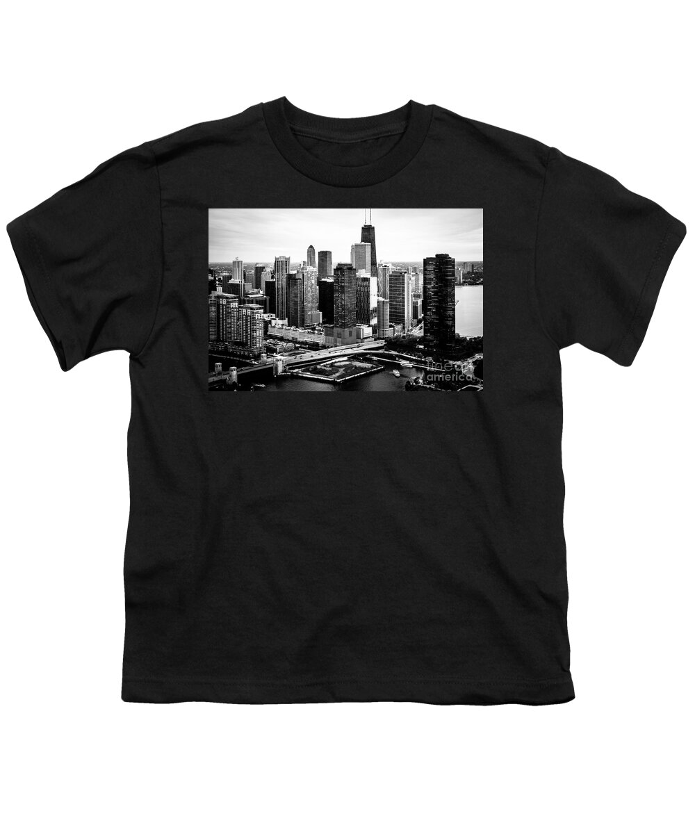 America Youth T-Shirt featuring the photograph Chicago Aerial Picture of Streeterville in Black and White by Paul Velgos