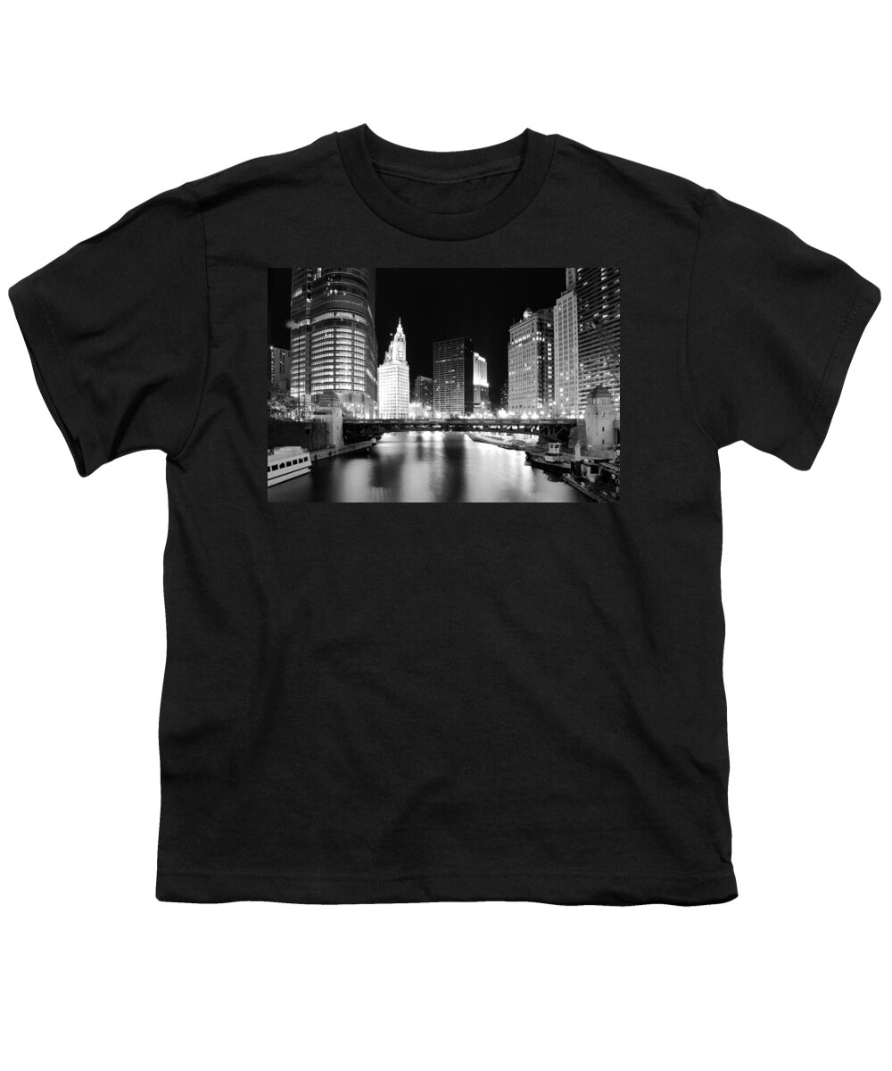River Youth T-Shirt featuring the photograph Chicago River Bridge Skyline Black White by Patrick Malon