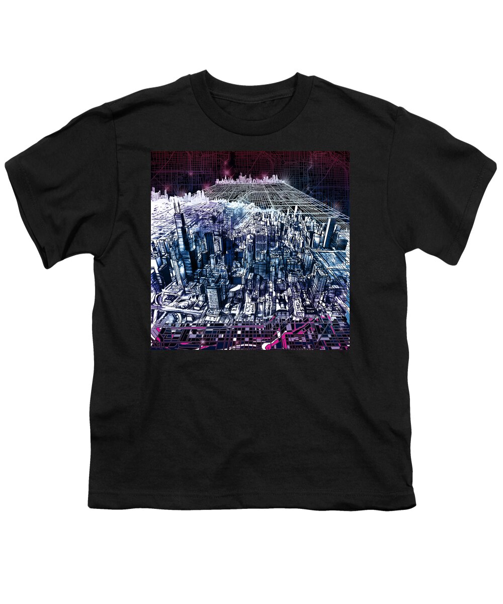 Chicago Youth T-Shirt featuring the painting Chicago Skyline Black Verson by Bekim M