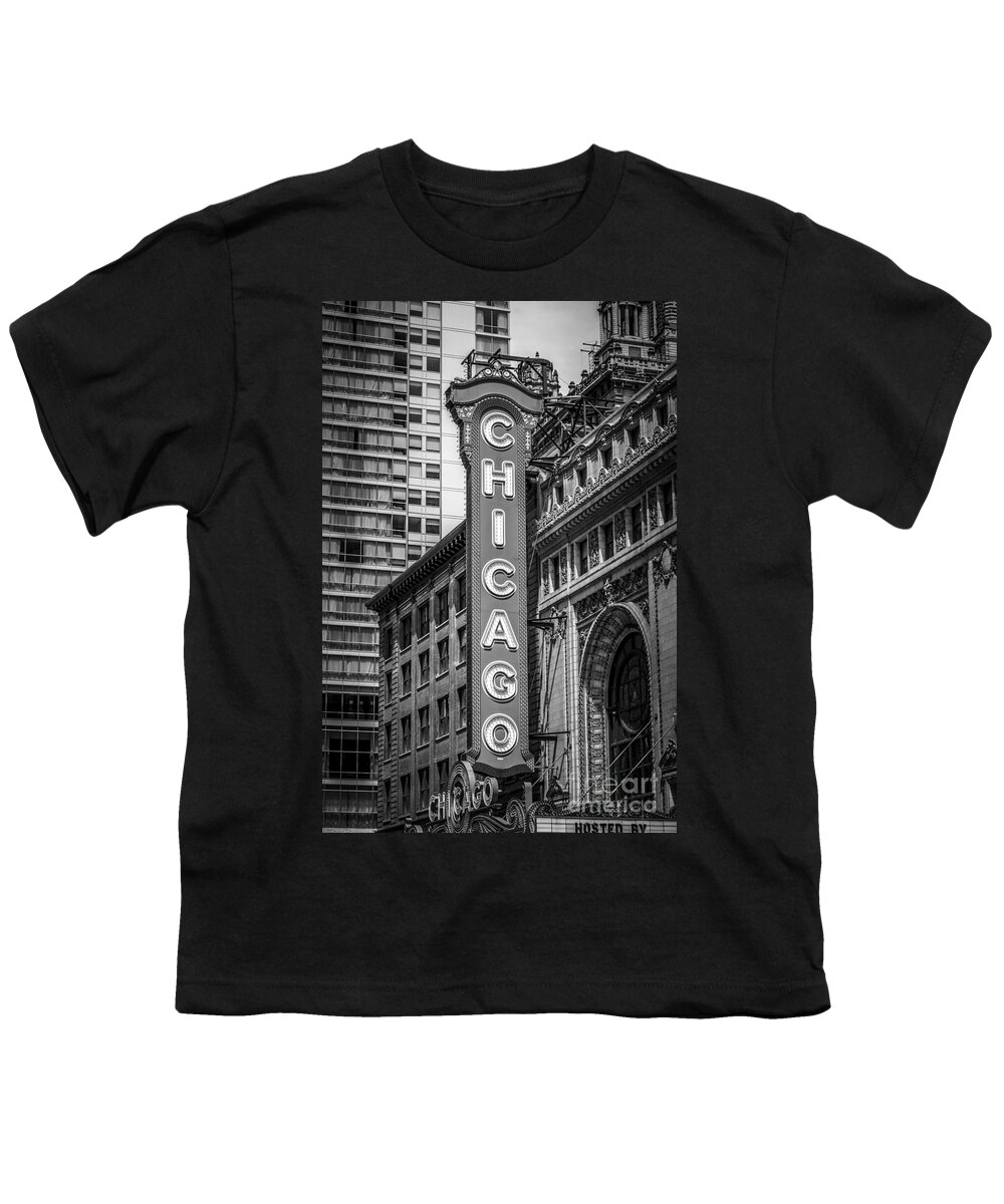 America Youth T-Shirt featuring the photograph Chicago Theater Sign in Black and White by Paul Velgos