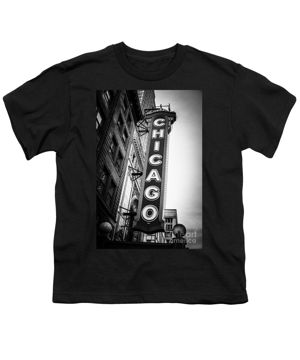 America Youth T-Shirt featuring the photograph Chicago Theatre Sign in Black and White by Paul Velgos