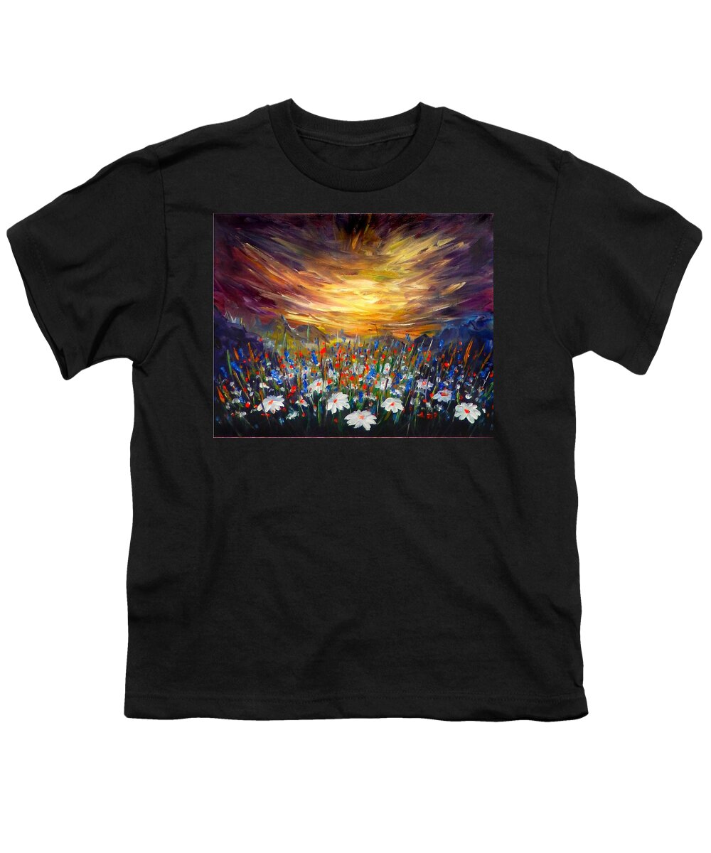 Original Art Youth T-Shirt featuring the painting Cloudy sunset in Valley by Lilia S