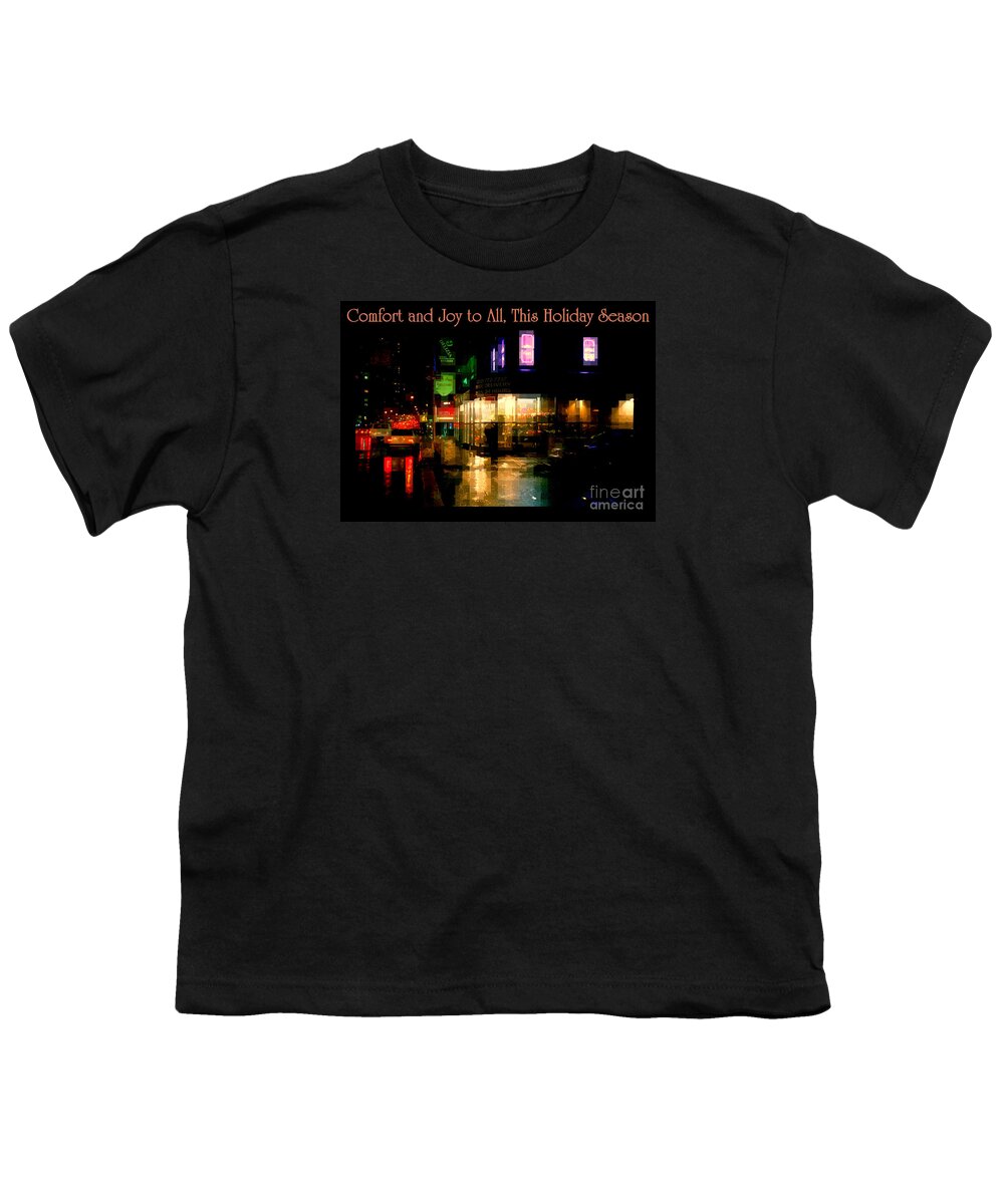 Rainy Night Youth T-Shirt featuring the photograph Comfort and Joy to All This Holiday Season - Corner in the Rain - Holiday and Christmas Card by Miriam Danar