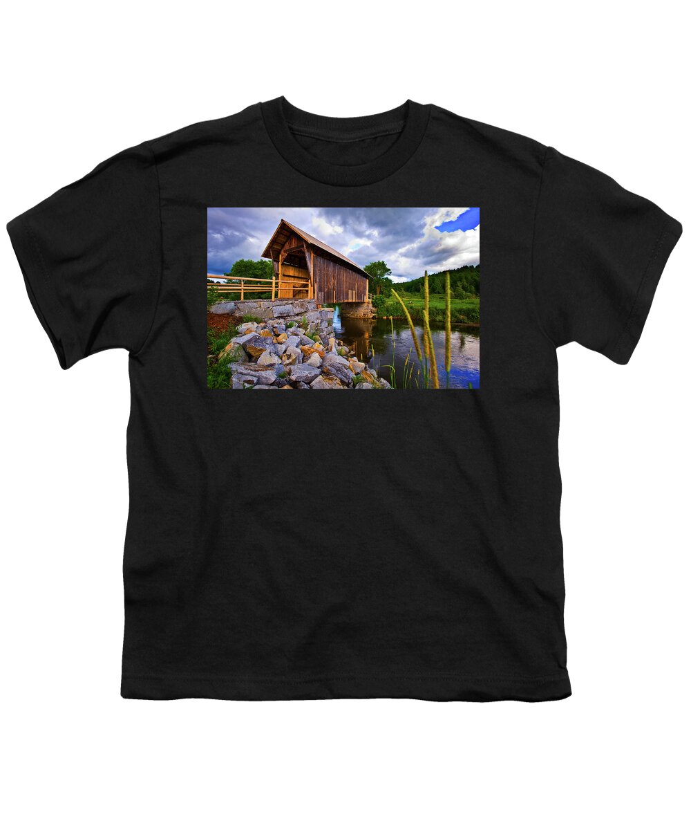 Photography Youth T-Shirt featuring the photograph Covered Bridge On River, Vermont, Usa by Panoramic Images