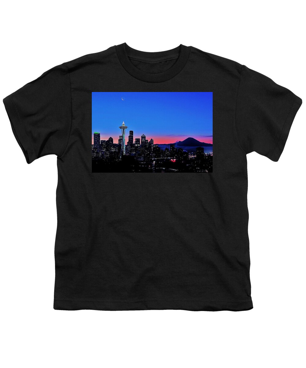 Seattle Youth T-Shirt featuring the photograph Crescent Moon Over Seattle by Benjamin Yeager