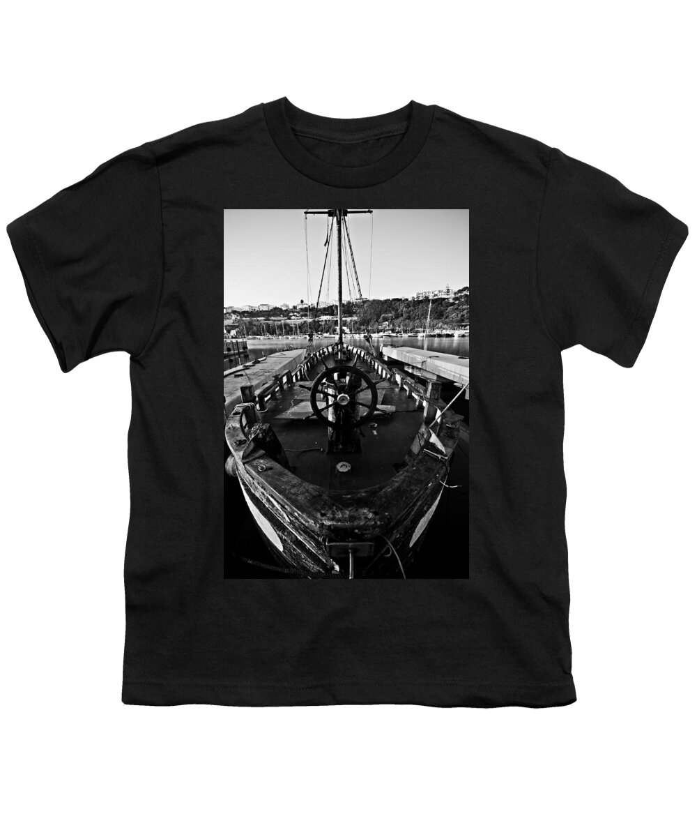 Abandoned Youth T-Shirt featuring the photograph Vintage tall ship in black and white - Desire of sea by Pedro Cardona Llambias