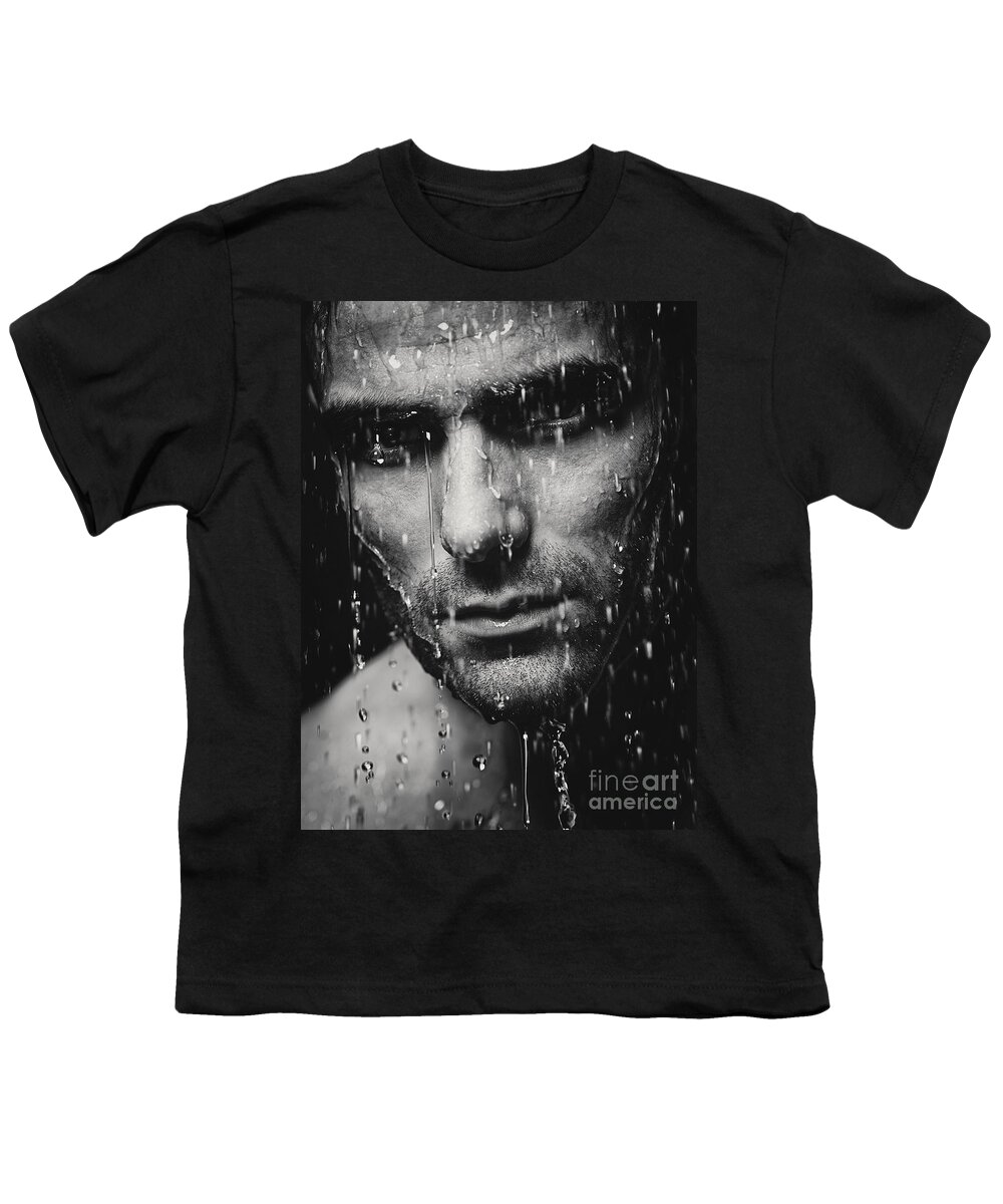 Man Youth T-Shirt featuring the photograph Dramatic portrait of man wet face Black and white by Maxim Images Exquisite Prints