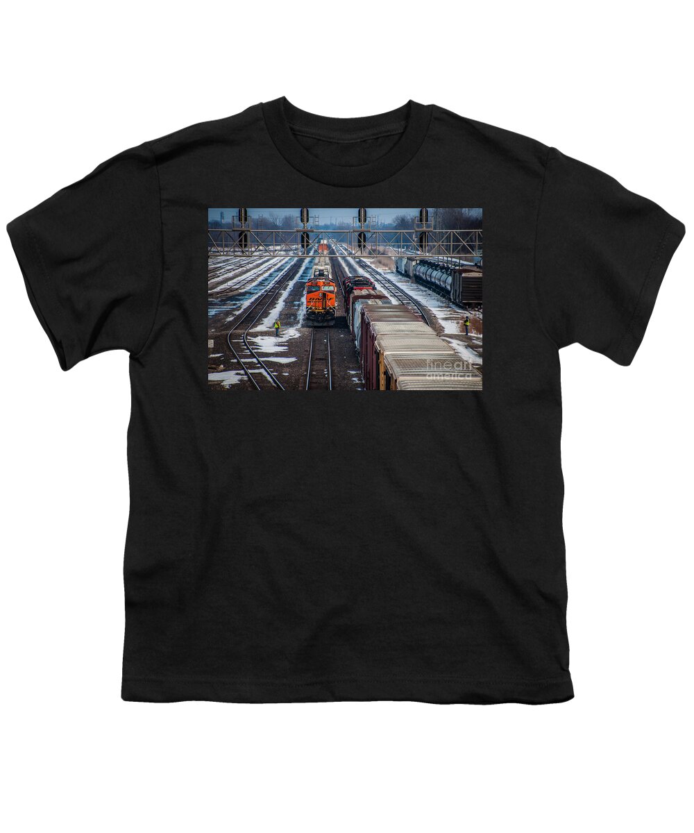 Train Youth T-Shirt featuring the photograph Eastbound and Westbound Trains by Ronald Grogan