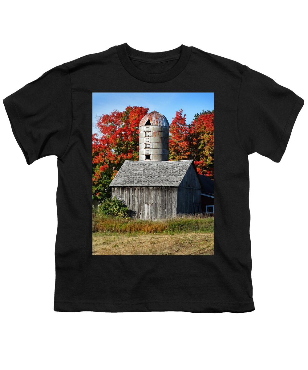 Silo Youth T-Shirt featuring the photograph Fall Weathered Barn and Silo by David T Wilkinson