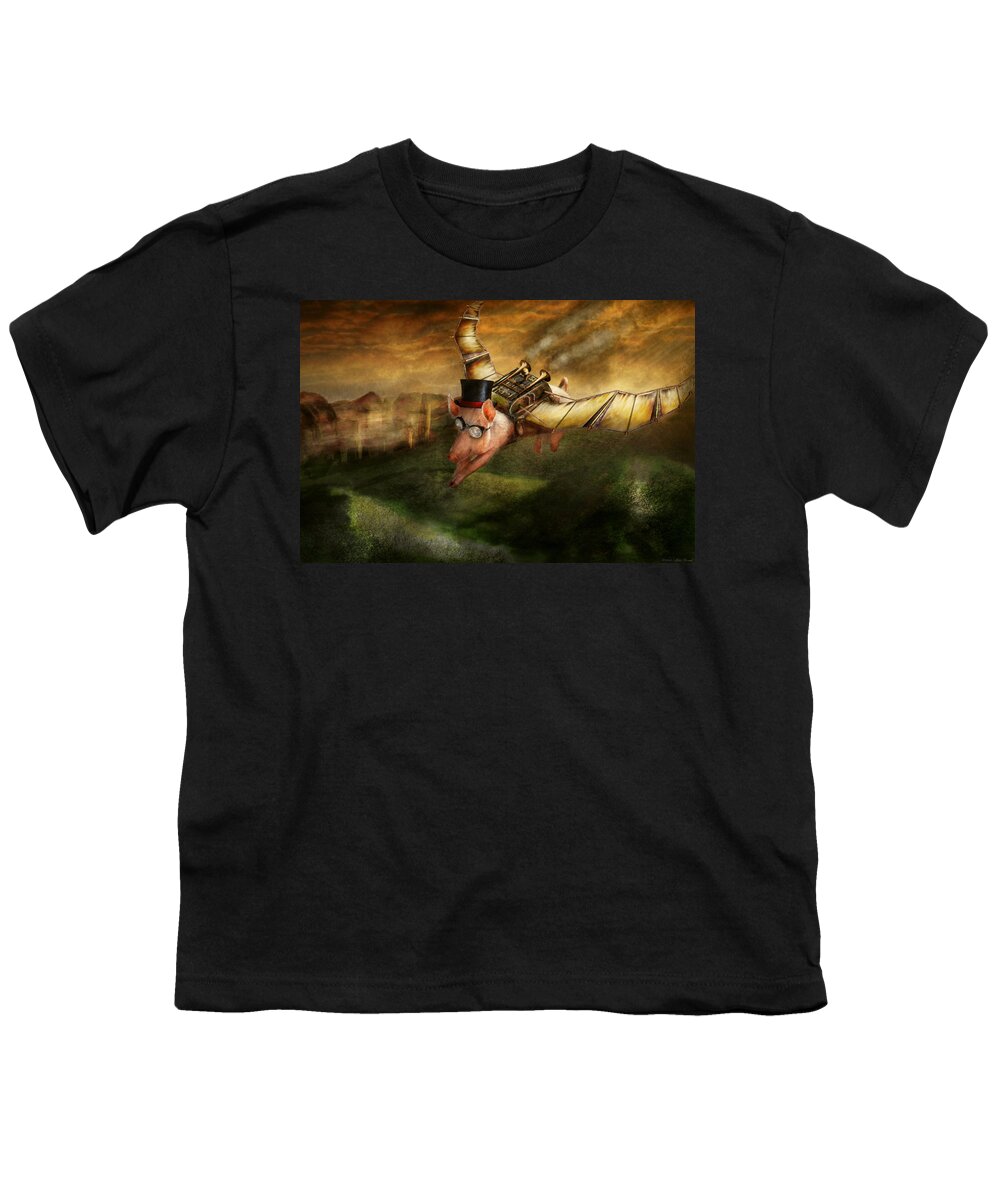 Pig Youth T-Shirt featuring the photograph Flying Pig - Steampunk - The flying swine by Mike Savad