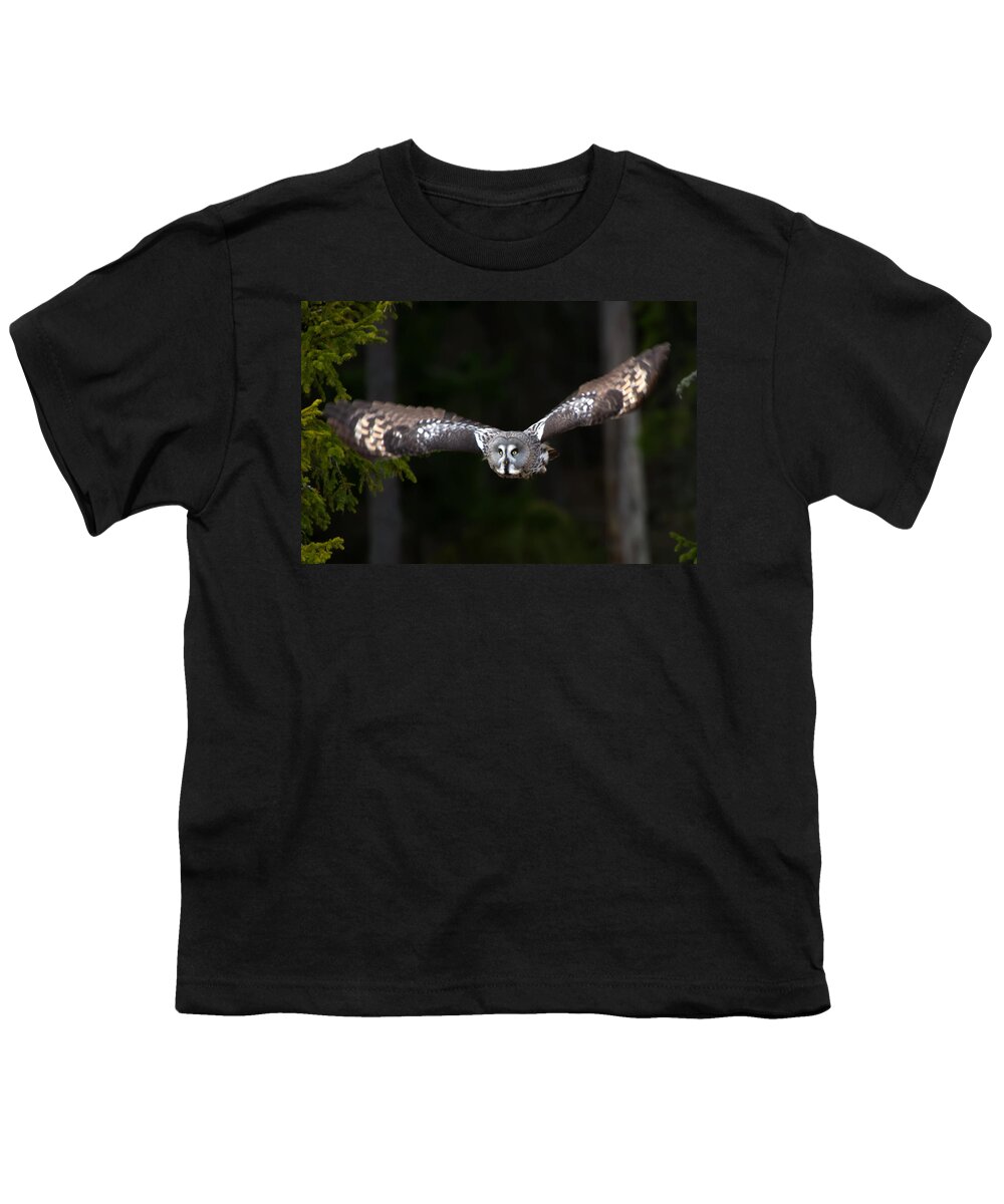 Flying Great Grey Owl Youth T-Shirt featuring the photograph Focus on the target by Torbjorn Swenelius