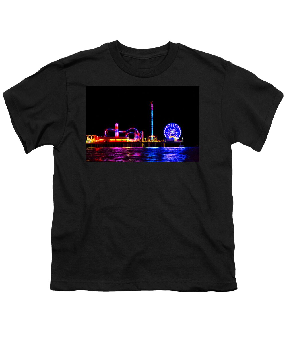 Galveston Youth T-Shirt featuring the photograph Galveston Pleasure Pier at Night by Tim Stanley