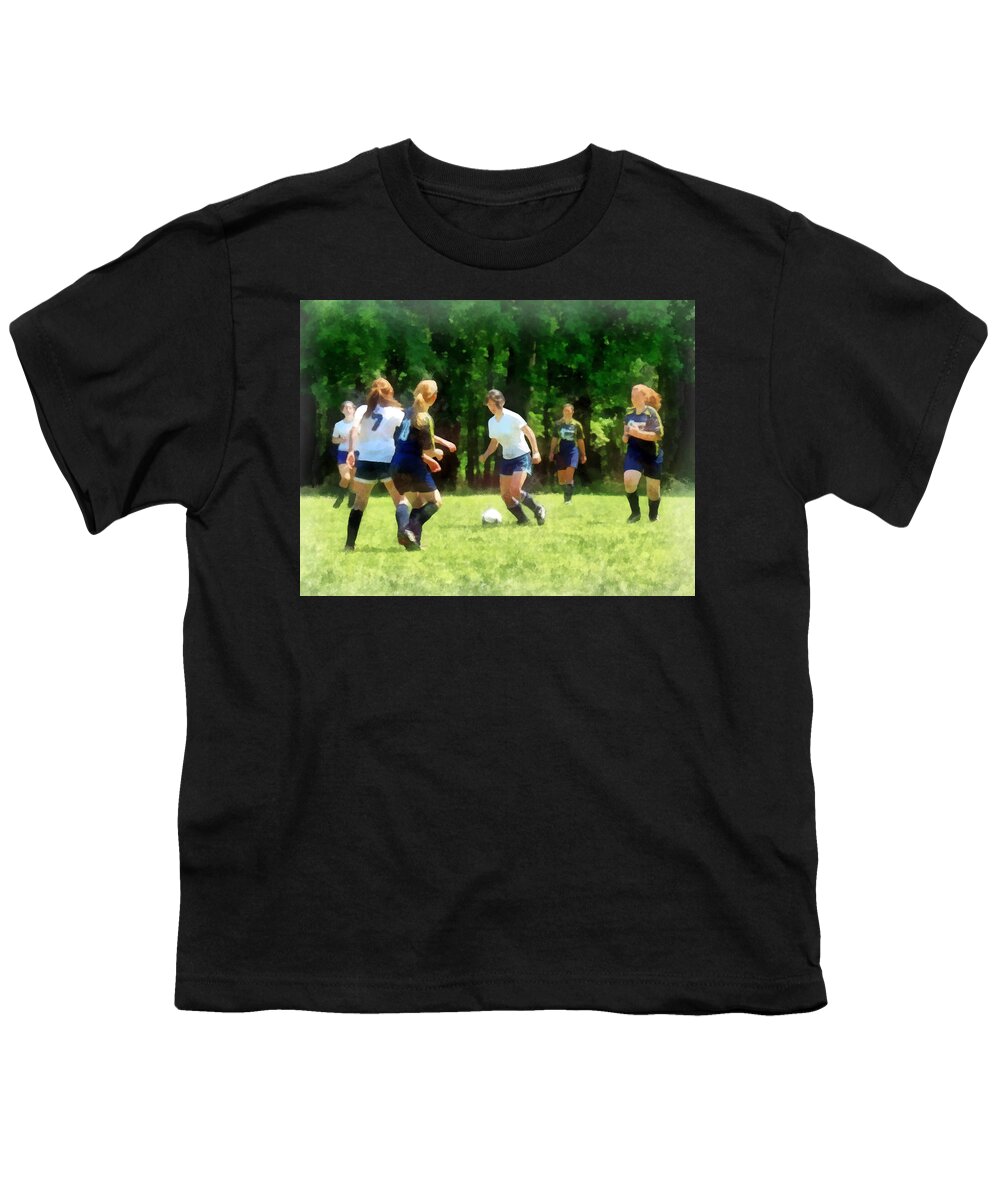 Girl Youth T-Shirt featuring the photograph Girls Playing Soccer by Susan Savad
